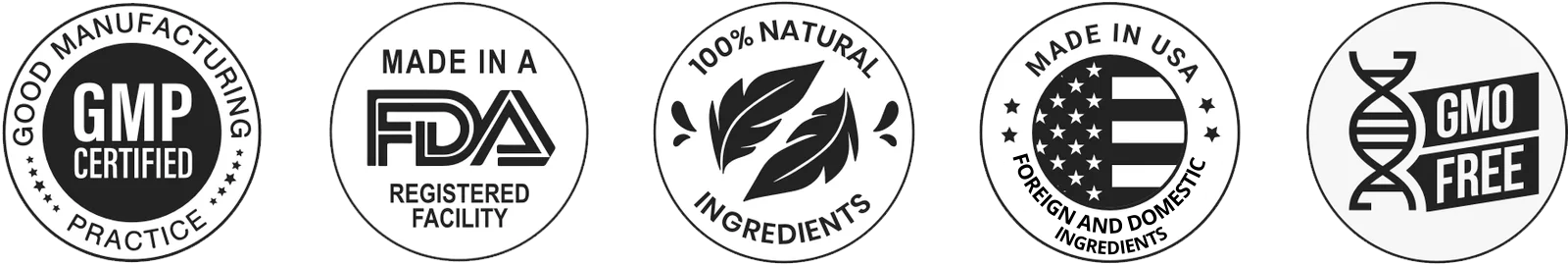 GMP certified, FDA, 100% natural, Made in USA, GMO free
