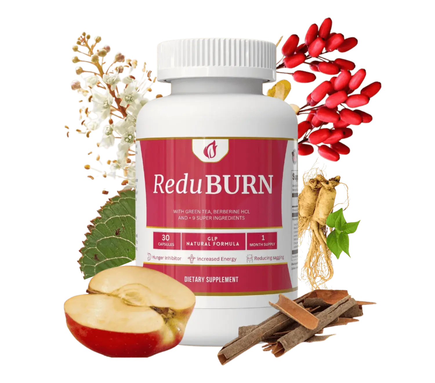 ReduBurn bottle with ingredients